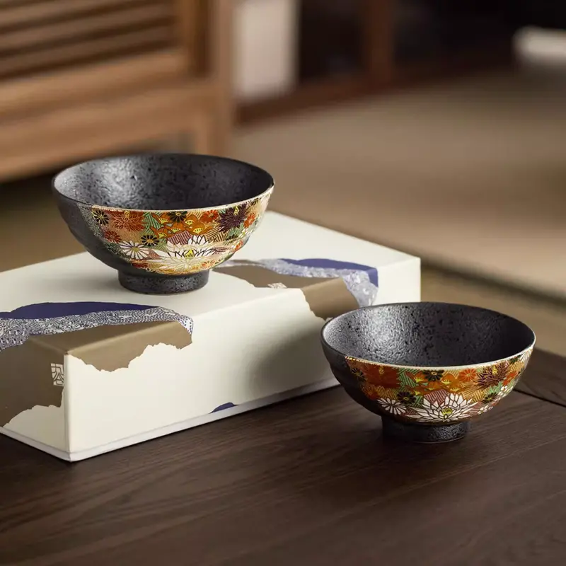 Kutaniyaki Golden Floral Sea Couple Bowls – Two-Piece Elegant Ceramic Set 1