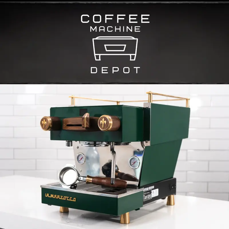 La Marzocco Linea Mini R – Hunter Green Home Espresso Machine Featuring Dark Wood & Brass Details 1