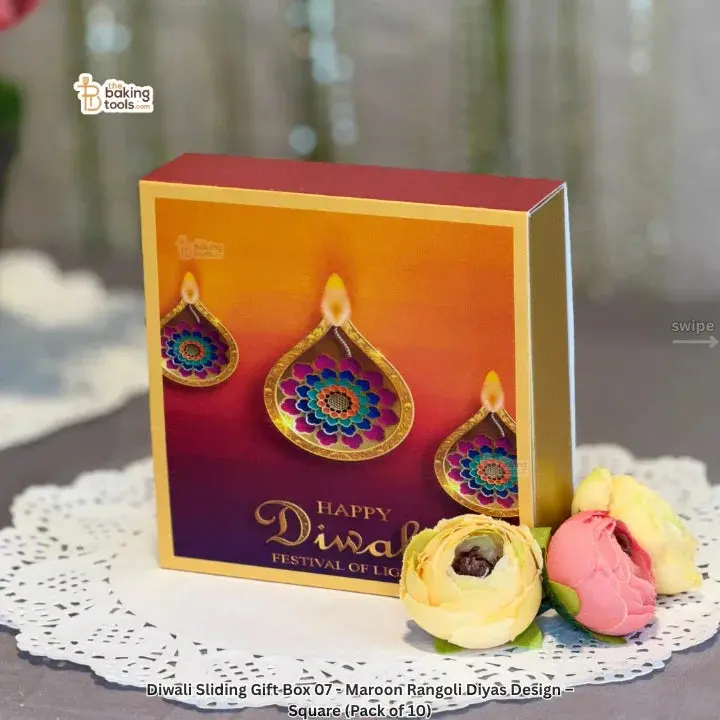 Maroon Rangoli Diyas Sliding Gift Box – Elegant Diwali-Themed Square Packaging (Pack Of 10) 1