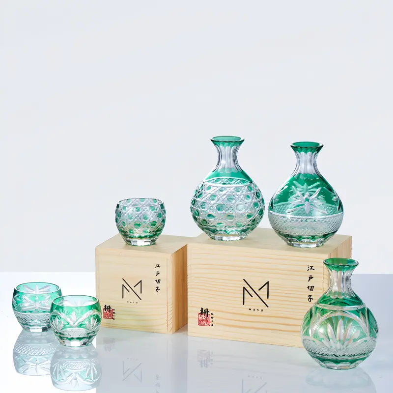 Midori Edo Kiriko Sake Glass Collection – Vibrant Green Cut Crystal 1