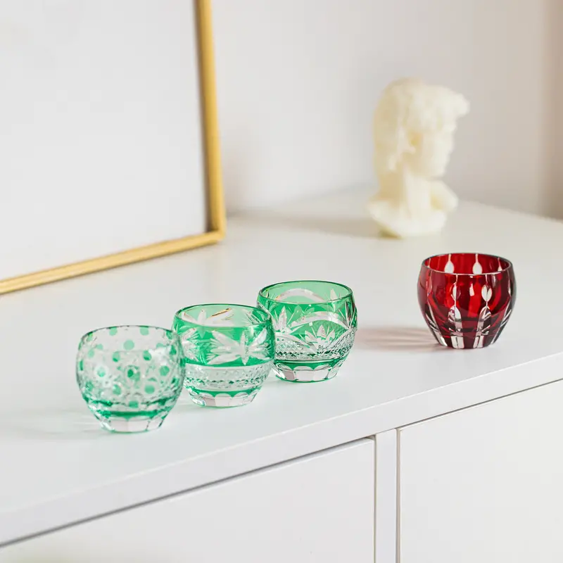 Midoriha Edo Kiriko Guinomi Sake Cups – Vibrant Green Cut-Glass Set 1