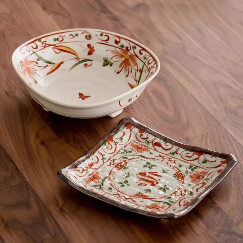 Mino Ware Akae Red Blossom & Butterfly Serving Dish Series 1