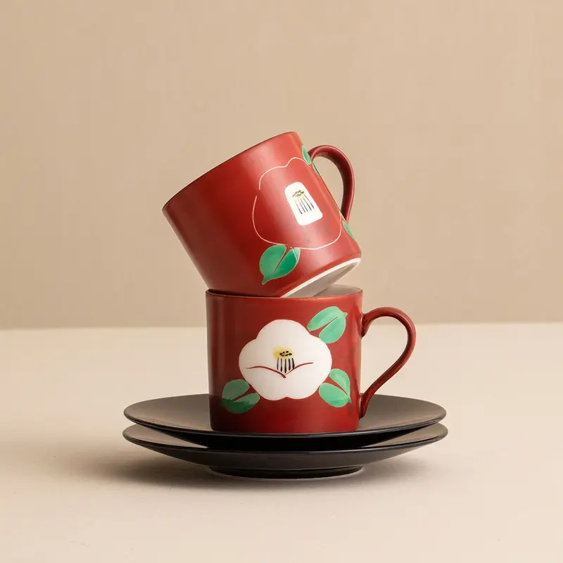Mino Ware Akai Tsubaki Couple Cups – Two-Piece Red Camellia-Themed Ceramic Set 1
