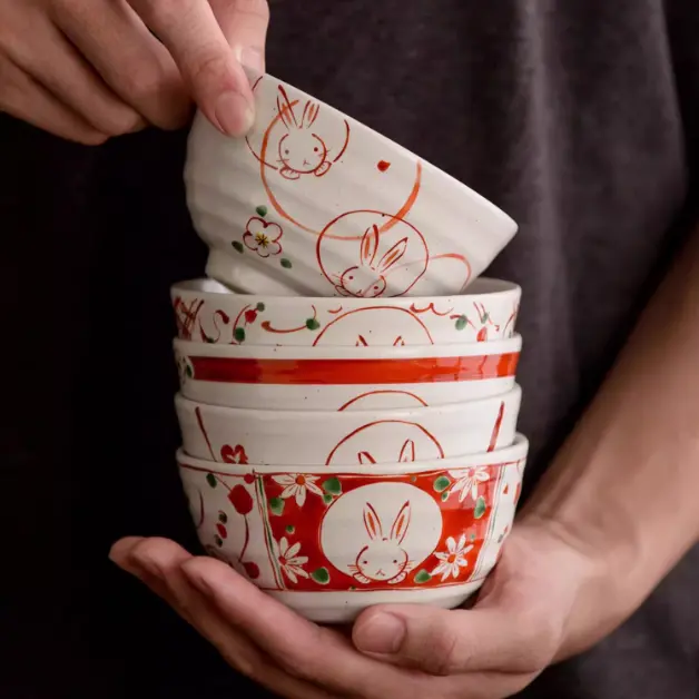 Mino Ware Fuka Rabbit Bowl Set – Five-Piece Whimsical Ceramic Tableware 1