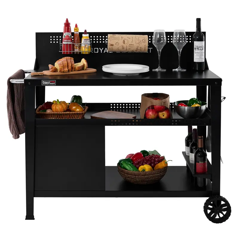 Mobile 3-Tier Bbq Cart With Wind Shield — Heavy-Duty Black Frame 1