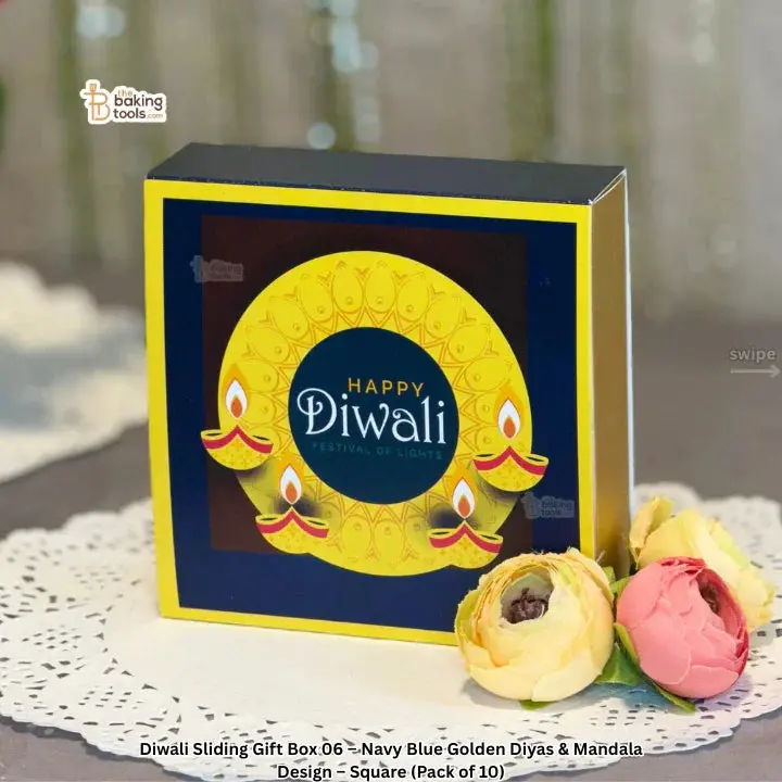 Navy Blue Diwali Sliding Gift Box With Golden Diyas And Mandala Pattern – Square Packaging (10-Pack) 1