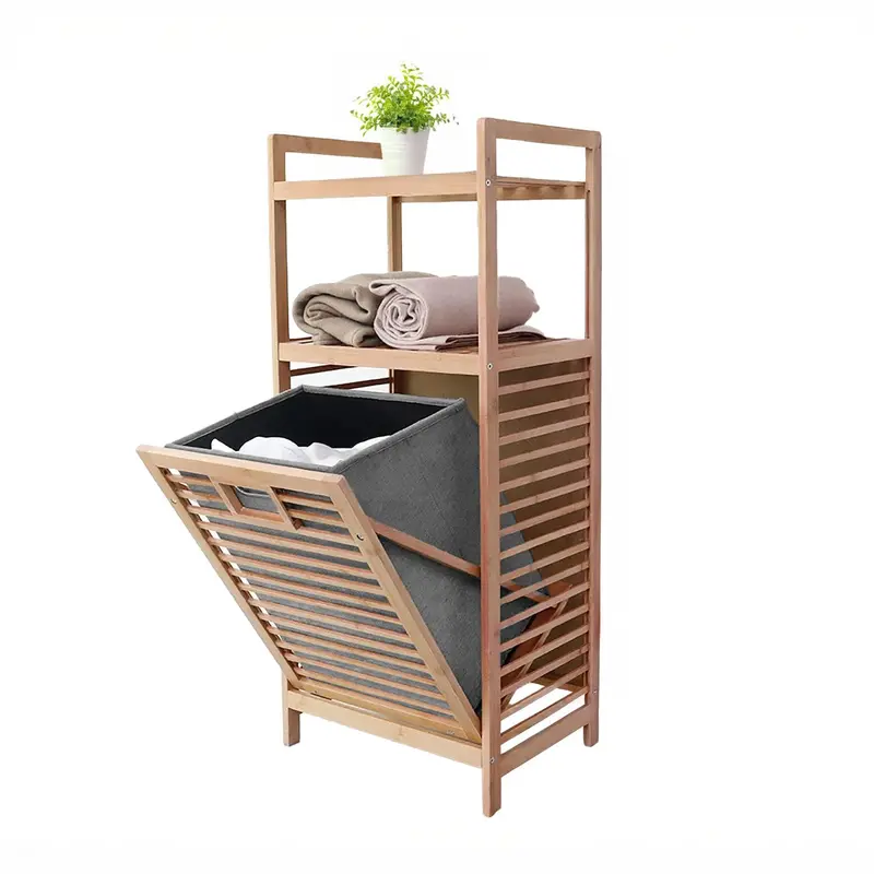 Neo 2-Tier Bamboo Laundry Hamper With Tilt-Out Basket, Ventilated Slats, Foldable Liner & Elevated Legs 1