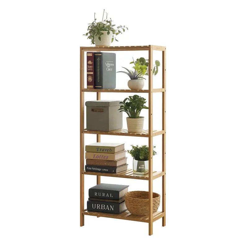 Neo 5-Tier White Bamboo Adjustable Storage Rack – Versatile Shelving Unit For Living Spaces & Entryways 1
