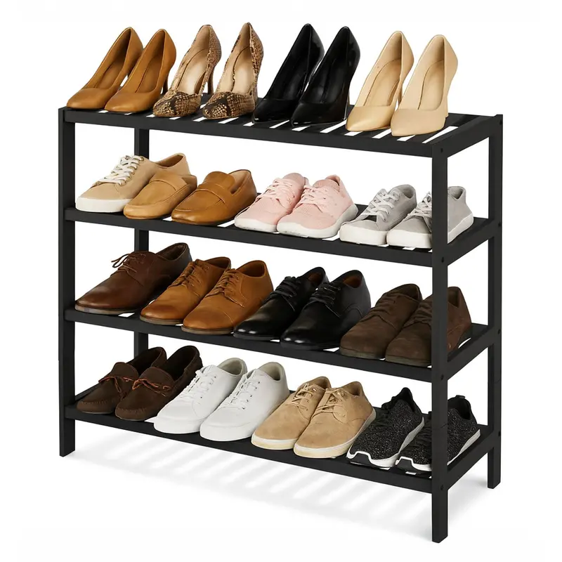 Neo Black 4-Tier Bamboo Shoe Rack – Sleek Natural-Wood Hybrid Organizer For Hallway & Entrance 1