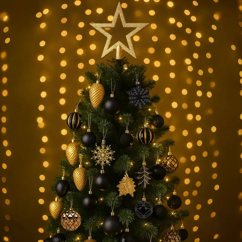 Neo Black & Gold Shatterproof Christmas Ornament Set – 110-Piece Elegant Tree Decor With Star Topper, Baubles, Snowflakes & Icicles 1