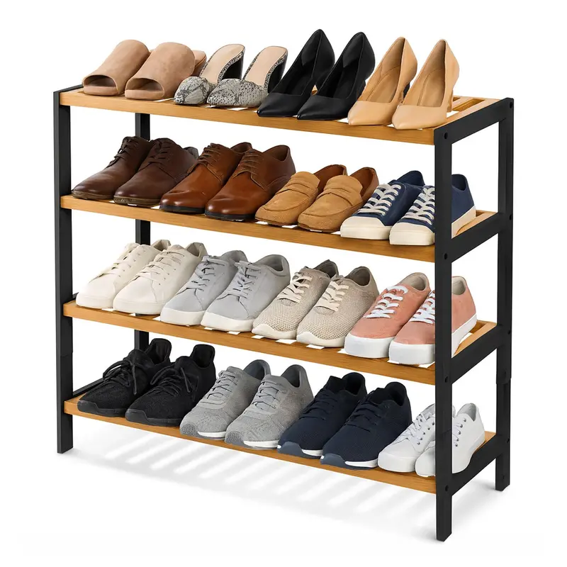 Neo Black-Wood 4-Tier Bamboo Shoe Rack – Contemporary Hallway Storage Shelf With Natural Texture 1