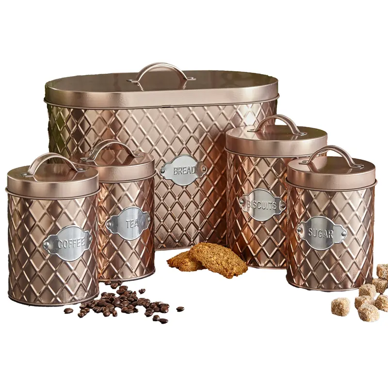 Neo Copper Embossed Kitchen Canister Set – 5-Piece Metallic Texture Storage 1
