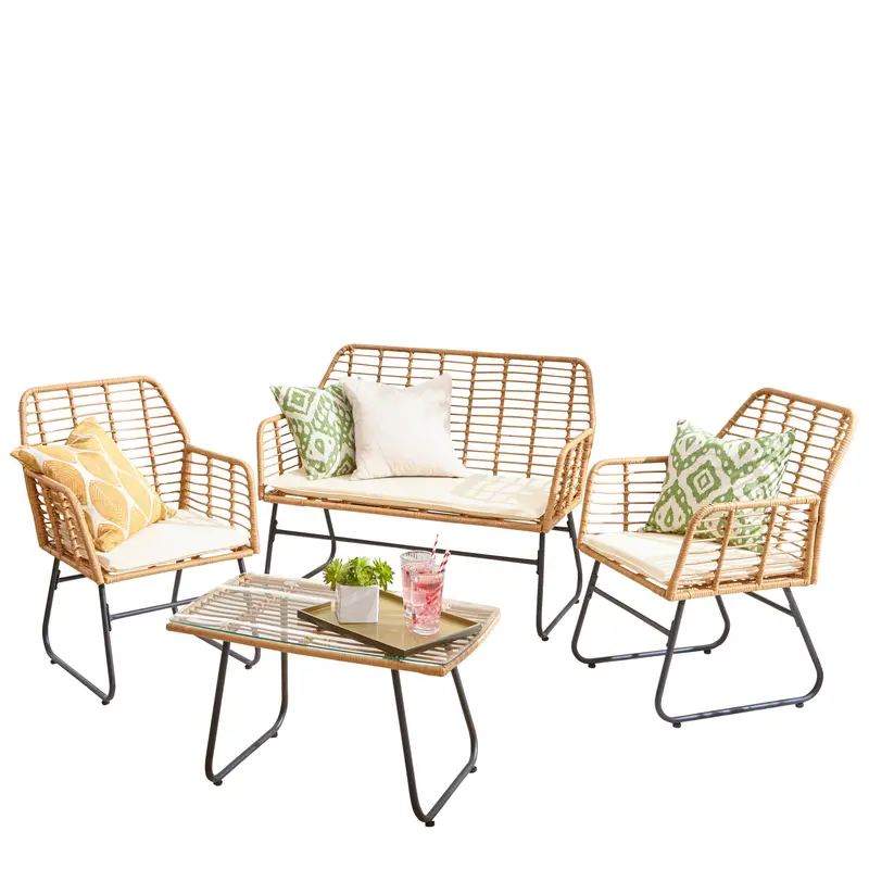 Neo Cream 4-Piece Wicker-Effect Garden Sofa, Table & Chair Set 1