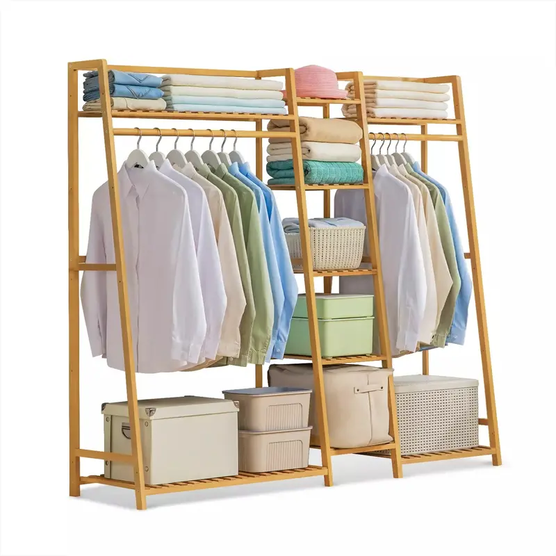 Neo Natural Bamboo Freestanding Clothing Rail With Open Shelving 1