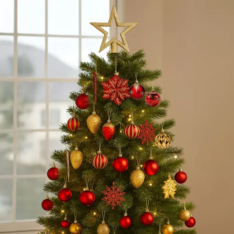 Neo Red & Gold Shatterproof Christmas Ornament Set – 110-Piece Traditional Tree Decor Including Star Topper, Baubles, Snowflakes & Icicles 1