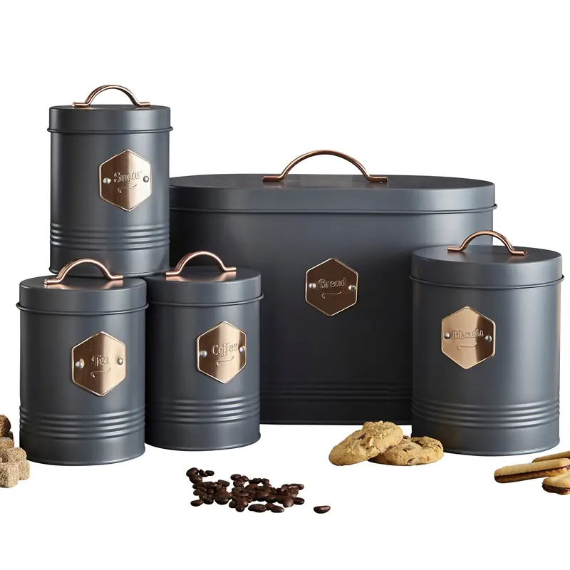 Neo Retro Grey Kitchen Canister Set – 5-Piece Sleek Matte & Copper Canisters 1
