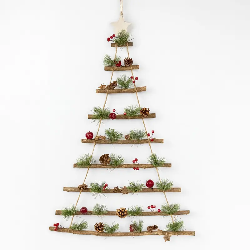 Neo Rustic Wooden Christmas Tree Ladder Wall Hanging – Nordic Hygge-Style Décor With Pine Cones, Red Berries & Jute Rope 1