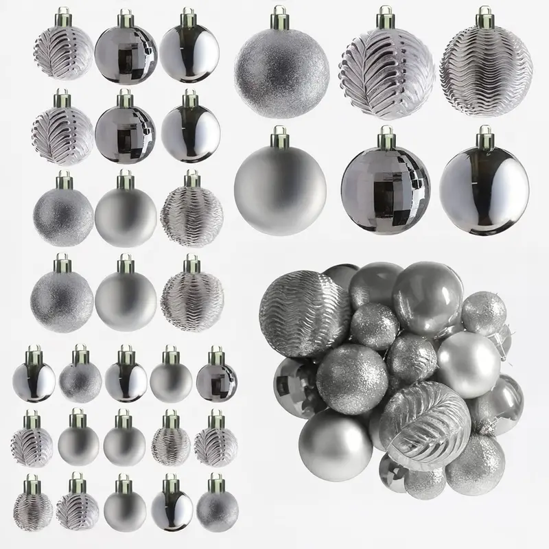 Neo Silver Glitter Ornament Set – 36-Piece Mix Of Shimmering Baubles In Varied Sizes & Shapes For Holiday Trees 1