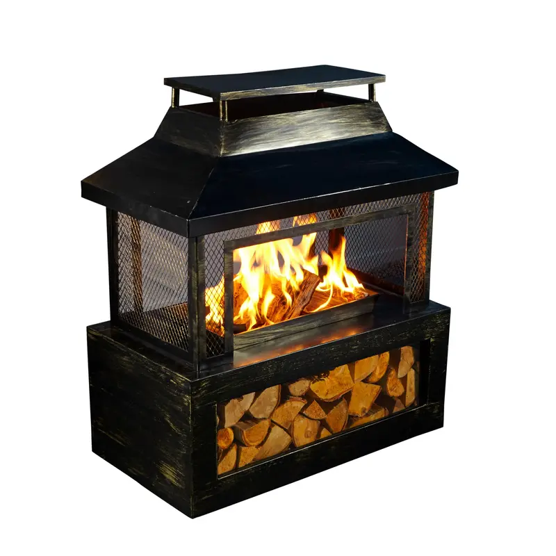 Outdoor Neo Black Fire Pit Log Burner With Mesh Guard And Built-In Storage 1