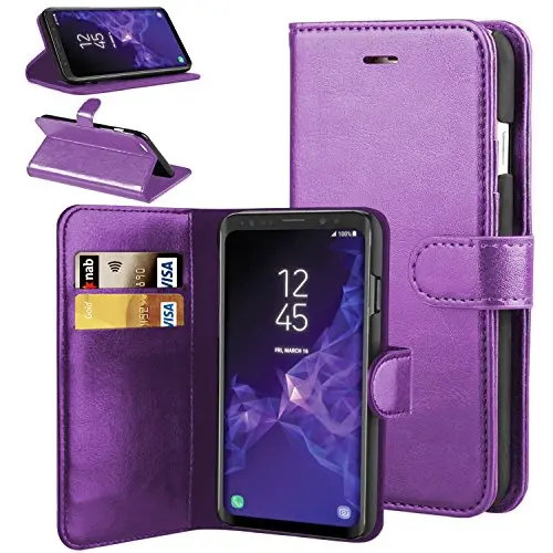 Purple Leather-Grain Wallet Case For Samsung Galaxy S9 – Built-In Stand & Credit Card Storage 1