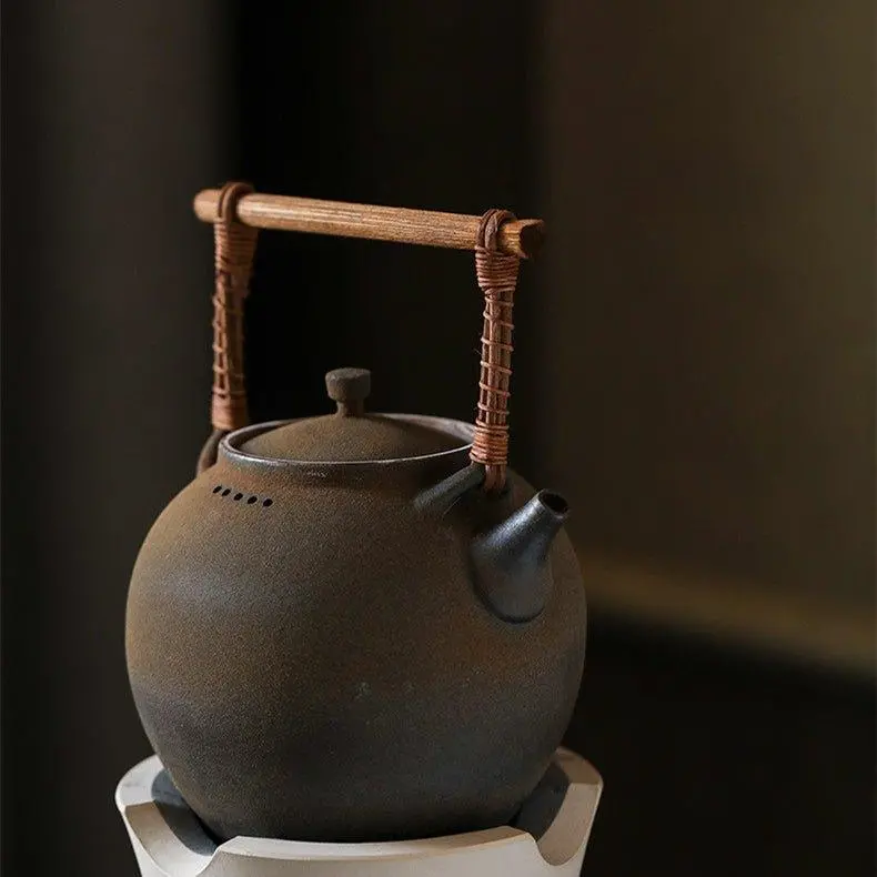 Rattan-Handled Spherical Ceramic Boiler – Handcrafted 1