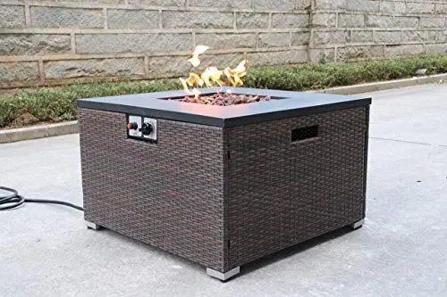 Rattan-Style Fire Pit Table – Metal Frame With Lid & Propane Tank Storage 1