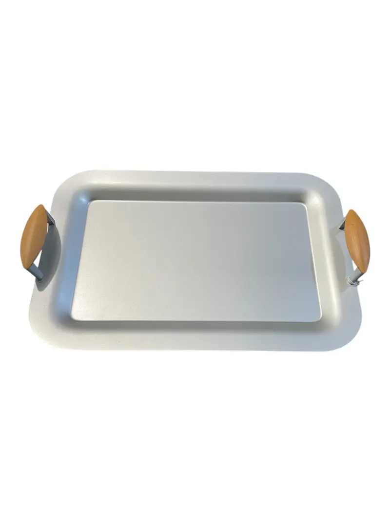 Rectangular Sandblasted Stainless Steel Tray With Wooden Handles 1