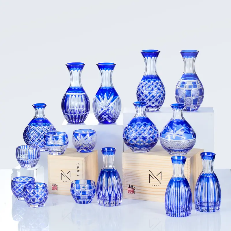 Ruri Edo Kiriko Sake Glasses – Deep Blue Hand-Cut Glassware Set 1
