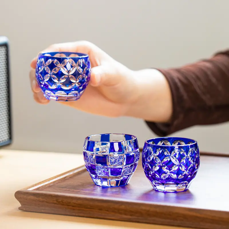 Ruri Guinomi Sake Cup Collection – Hand-Cut Edo Kiriko Traditional Set 1
