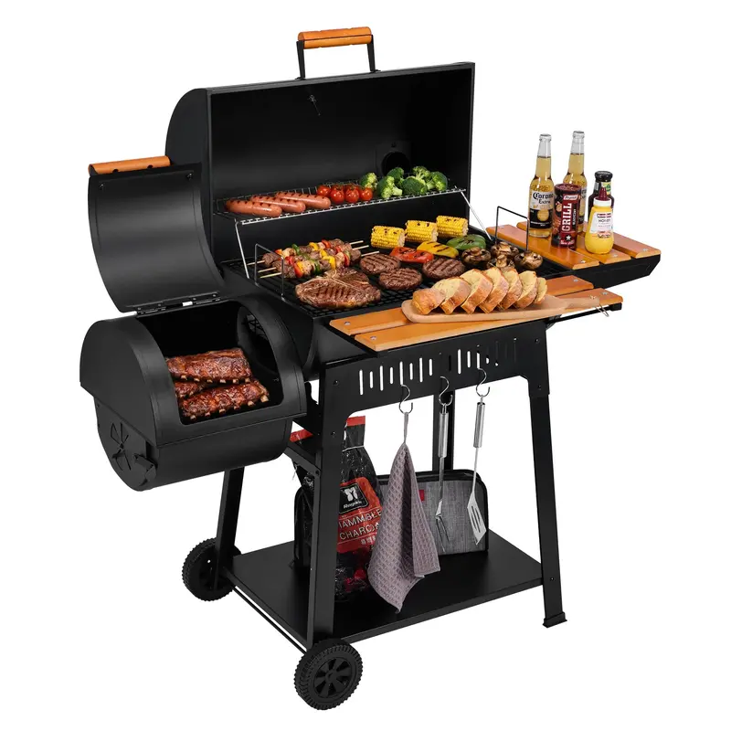 Rustic Barrel-Style Charcoal Grill With Offset Smoker And Pine Wood Trim 1