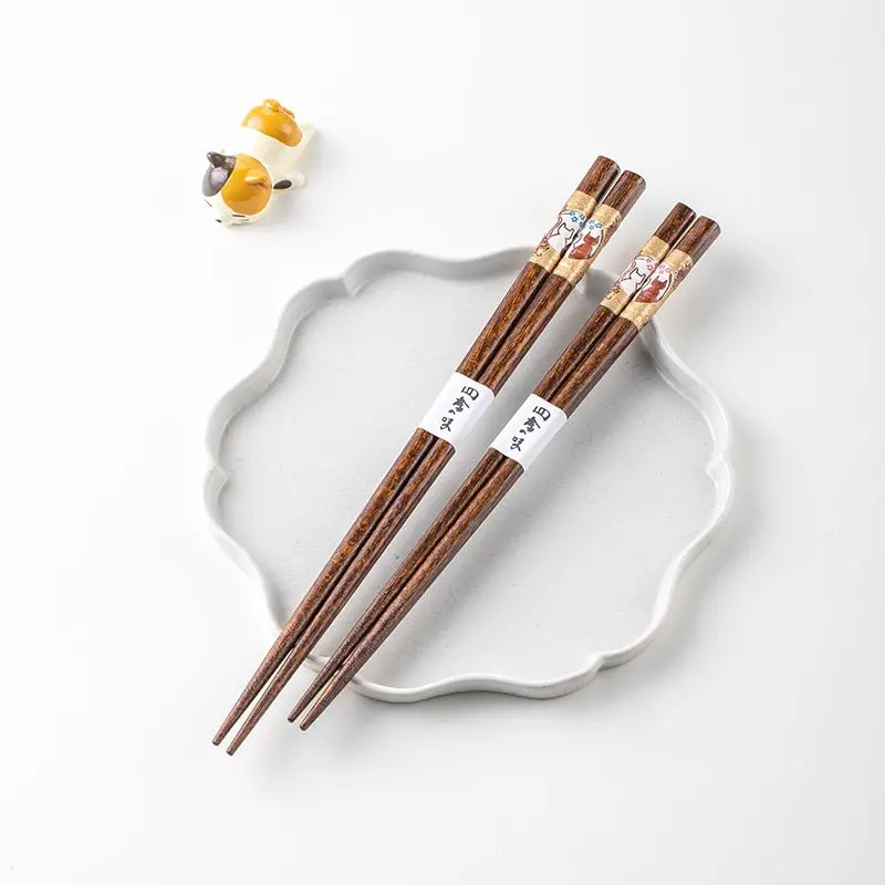 Sakura Neko Couple Chopsticks – Natural Wood Pair With Cherry Blossom & Cat Motifs 1