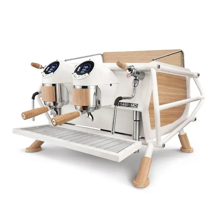 Sanremo Cafe Racer 2-Group Commercial Espresso Machine – White & Wood Finish 1