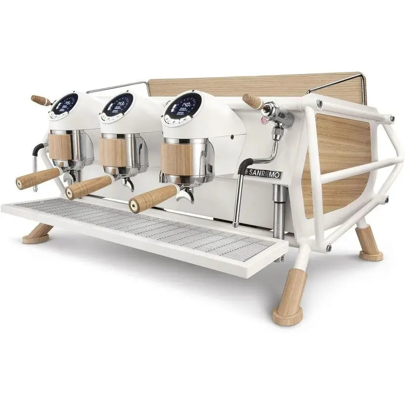 Sanremo Cafe Racer White & Wood Triple-Group Espresso Machine 1
