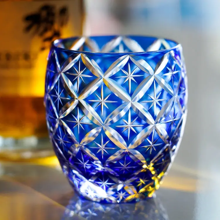 Sapphire Shippo Edo Kiriko Whisky Tumbler With Handmade Wooden Case 1