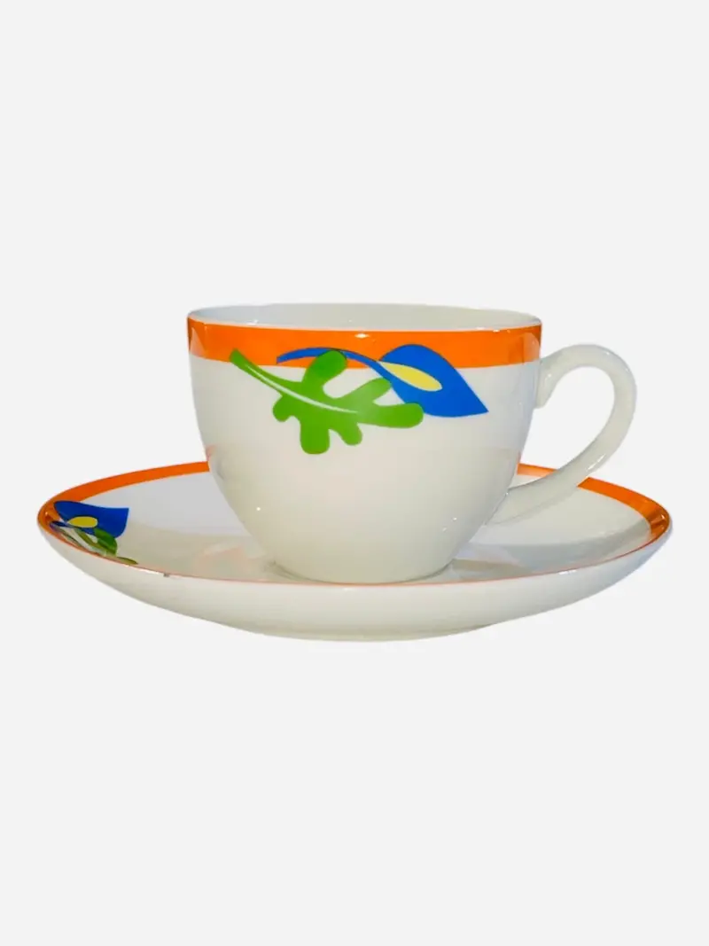Set Of 6 Espresso Cups – Orange Trim With Blue And Green Leaves 1