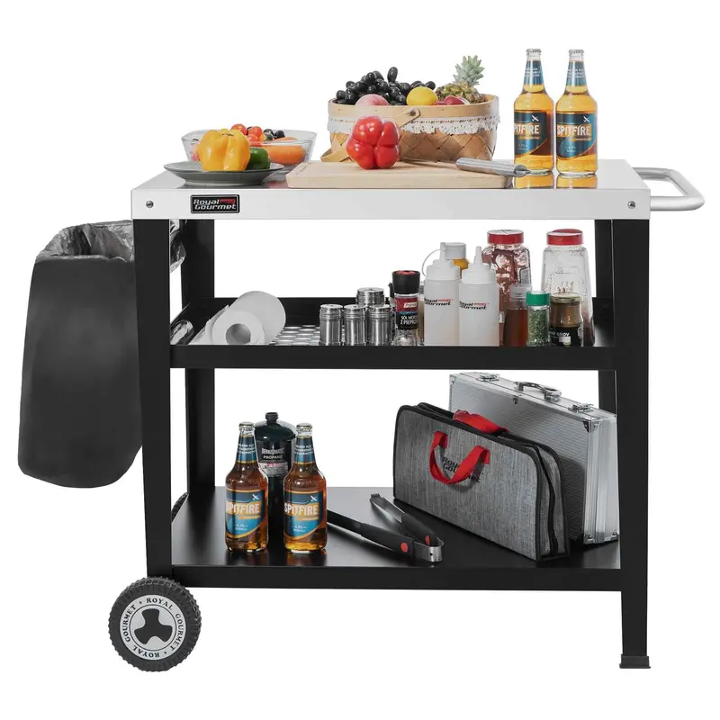 Stainless Steel 3-Tier Grill Cart With Rolling Wheels And Built-In Trash Bag Holder 1