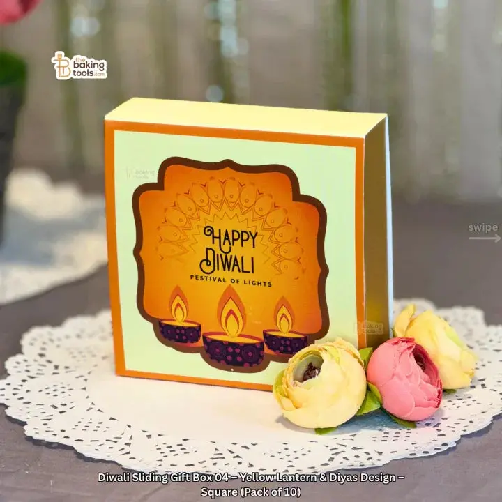 Sunshine Yellow Diwali Sliding Gift Box With Lantern And Diya Illustrations – Square Shape (10-Pack) 1