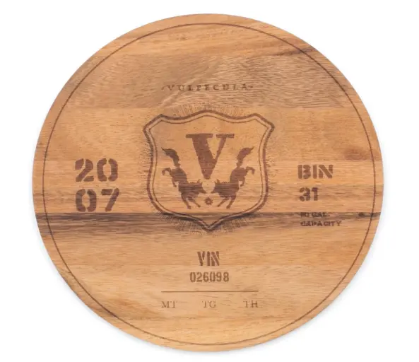 Vintage-Inspired Circular Serving Board – 2007 Wine Barrel Engraving 1