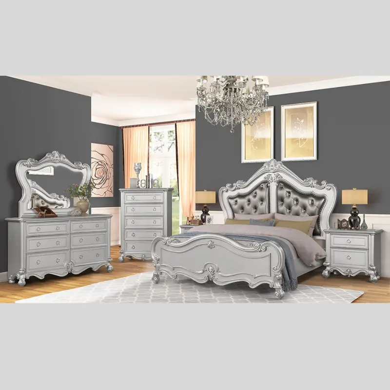 Wooden Bedroom Set Featuring Tufted Leather Headboard 1