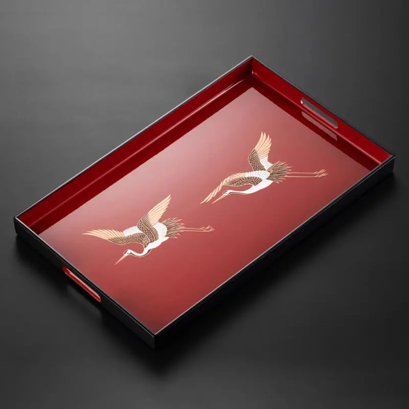 Yamanaka Shikki Crimson Crane Lacquer Tray – Gold-Foil Decorated Serving Tray 1