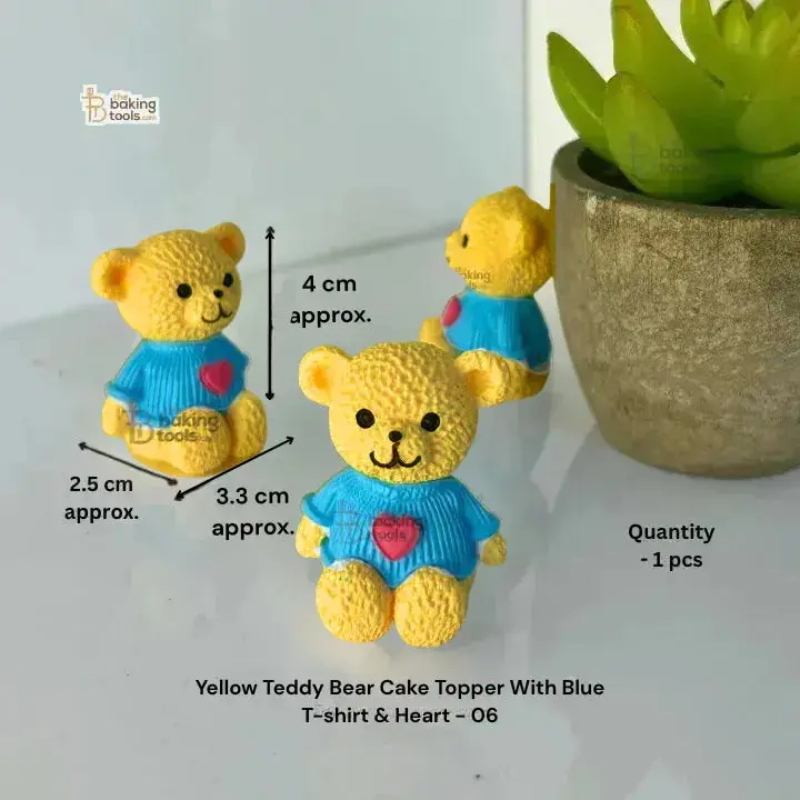 Yellow Teddy Bear Cake Topper – Blue T-Shirt & Heart Detail (Style 06) 1