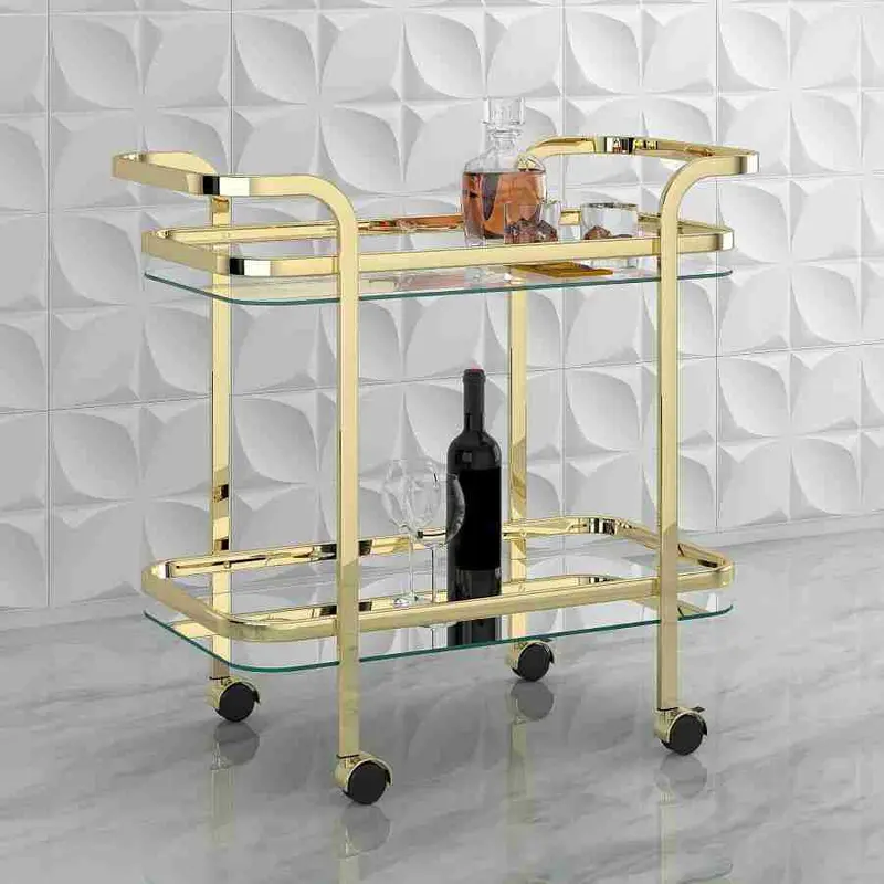 Zedd Polished Gold 2-Tier Rolling Bar Cart 1